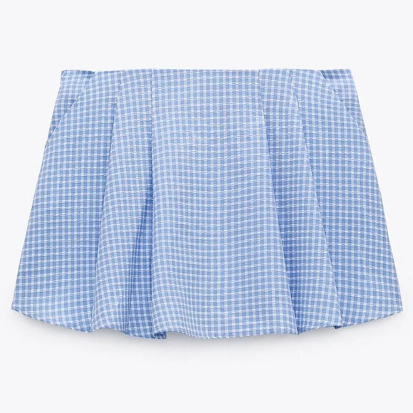 Zara Textured Gingham Split Skirt Blue White  Size Medium - Picture 2 of 9